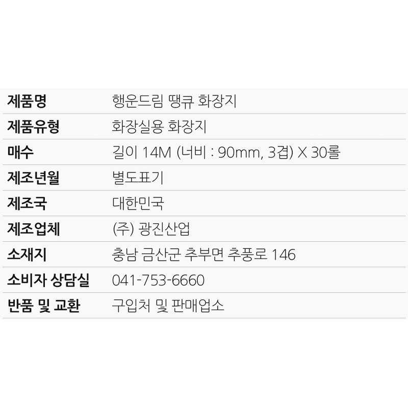 행운드림 땡큐 베이직 화장지, 3겹, 30롤, 14m, 1팩 상품 이미지 5