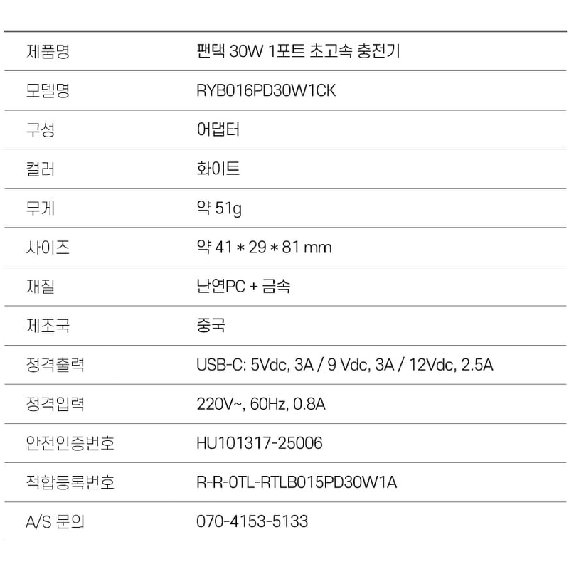 팬택 30W 1포트 C타입 초고속 충전기, 1개 상품 이미지 6