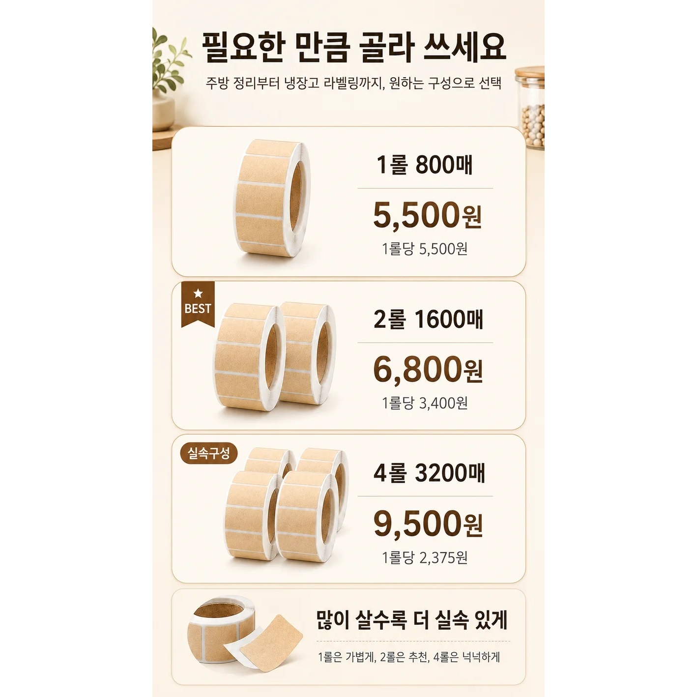 주방정리 미니 네임 크라프트 라벨 스티커, 3x1.5cm, 1롤, 800매입 상품 이미지 2
