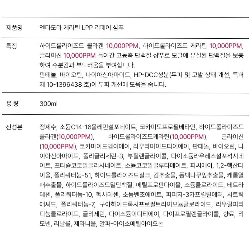 엔타도라 케라틴 LPP 리페어 샴푸, 300ml, 1개 상품 이미지 2