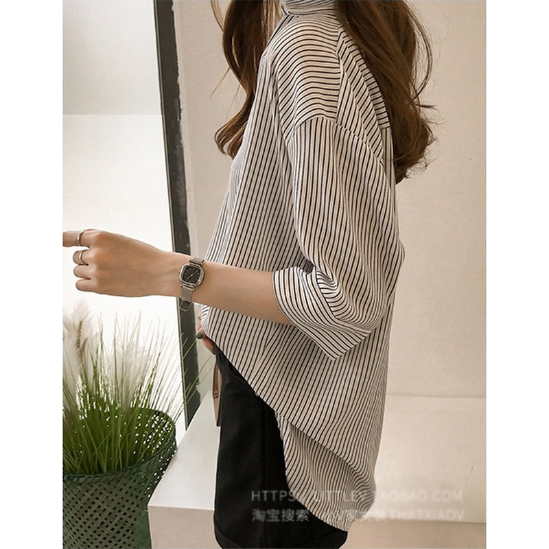 쉬블림로브 여성 스트라이프 반오픈 카라 데일리 블라우스 GW0607, 원컬러, FREE 상품 이미지 5